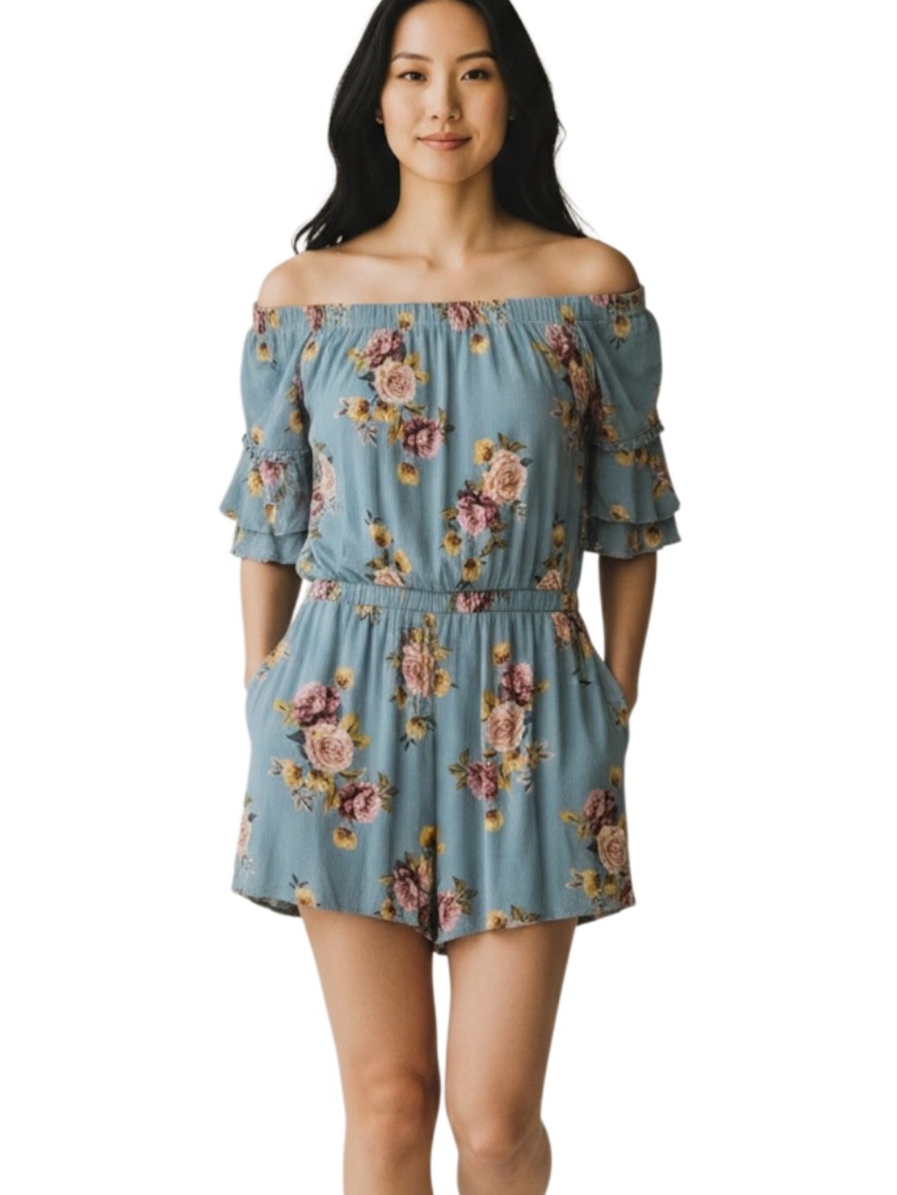 Xhilaration Dusty Blue Floral Off-Shoulder Romper
